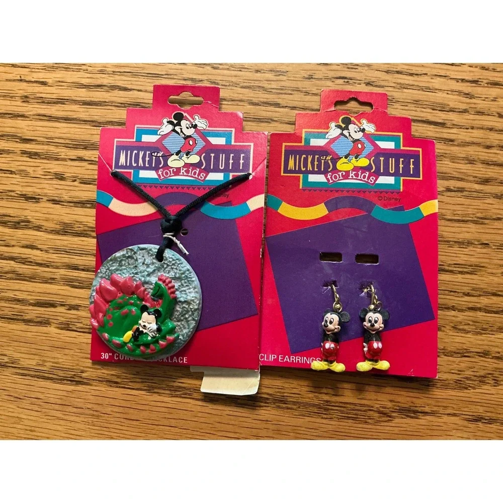 Vintage Disney Mickey Mouse Jewelry Set Necklace and Clip On Earrings 90s NWT
